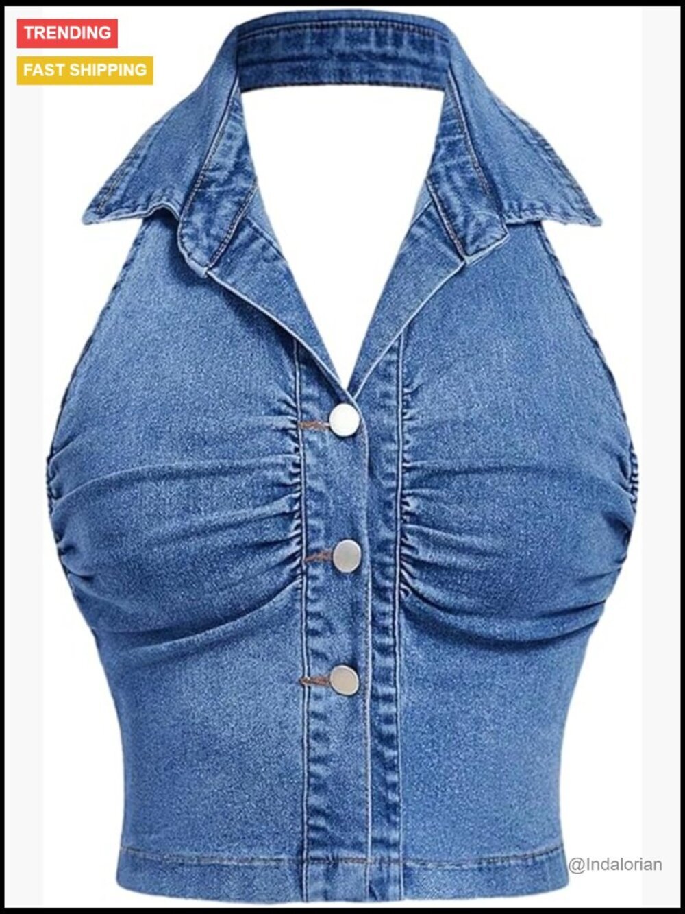 Ruched Button Front Denim Halter Crop Top Sleeveless Summer